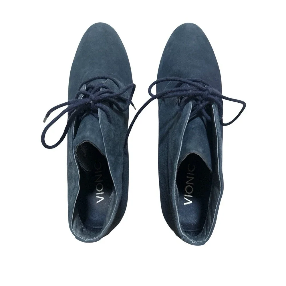 Vionic Becca Navy Suede Lace Up Wedge Ankle Booties Women’s Size 8